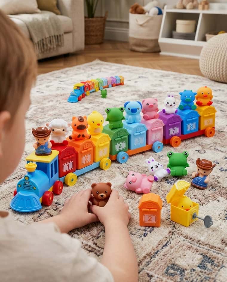 The full train set with animal figures on a rug