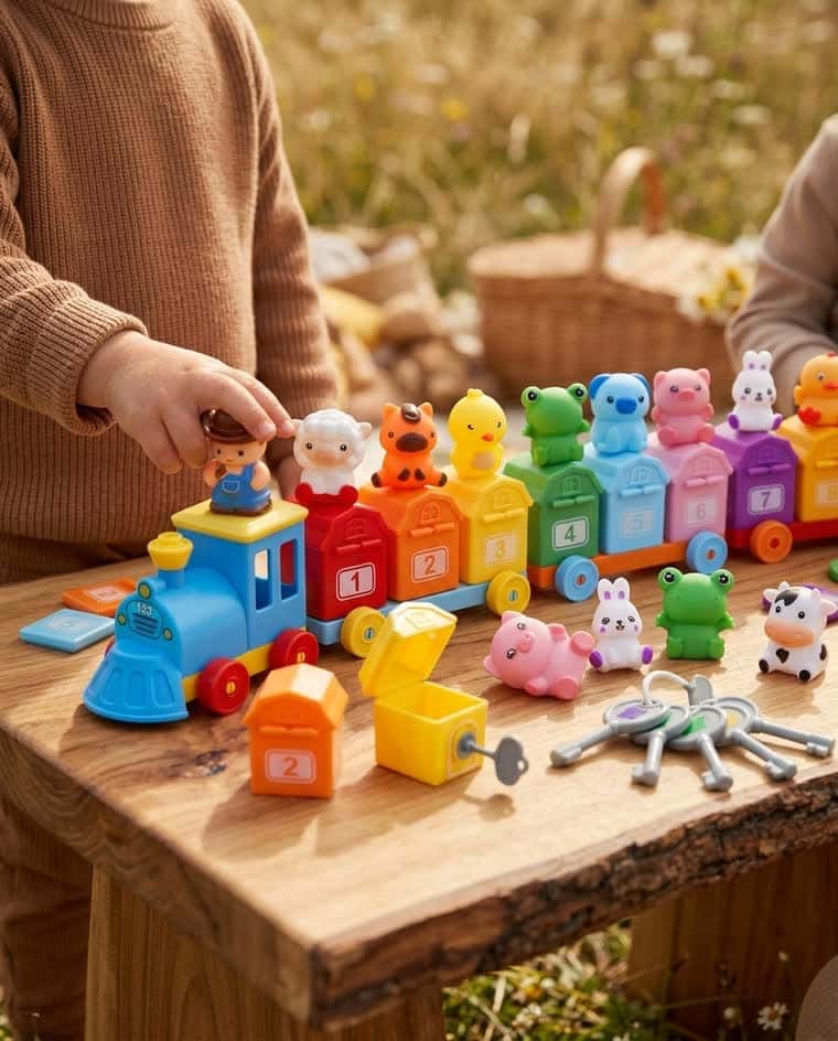 The train set laid out on an outdoor table