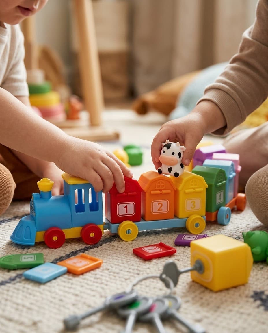 Child playing with the counting train on a rug
