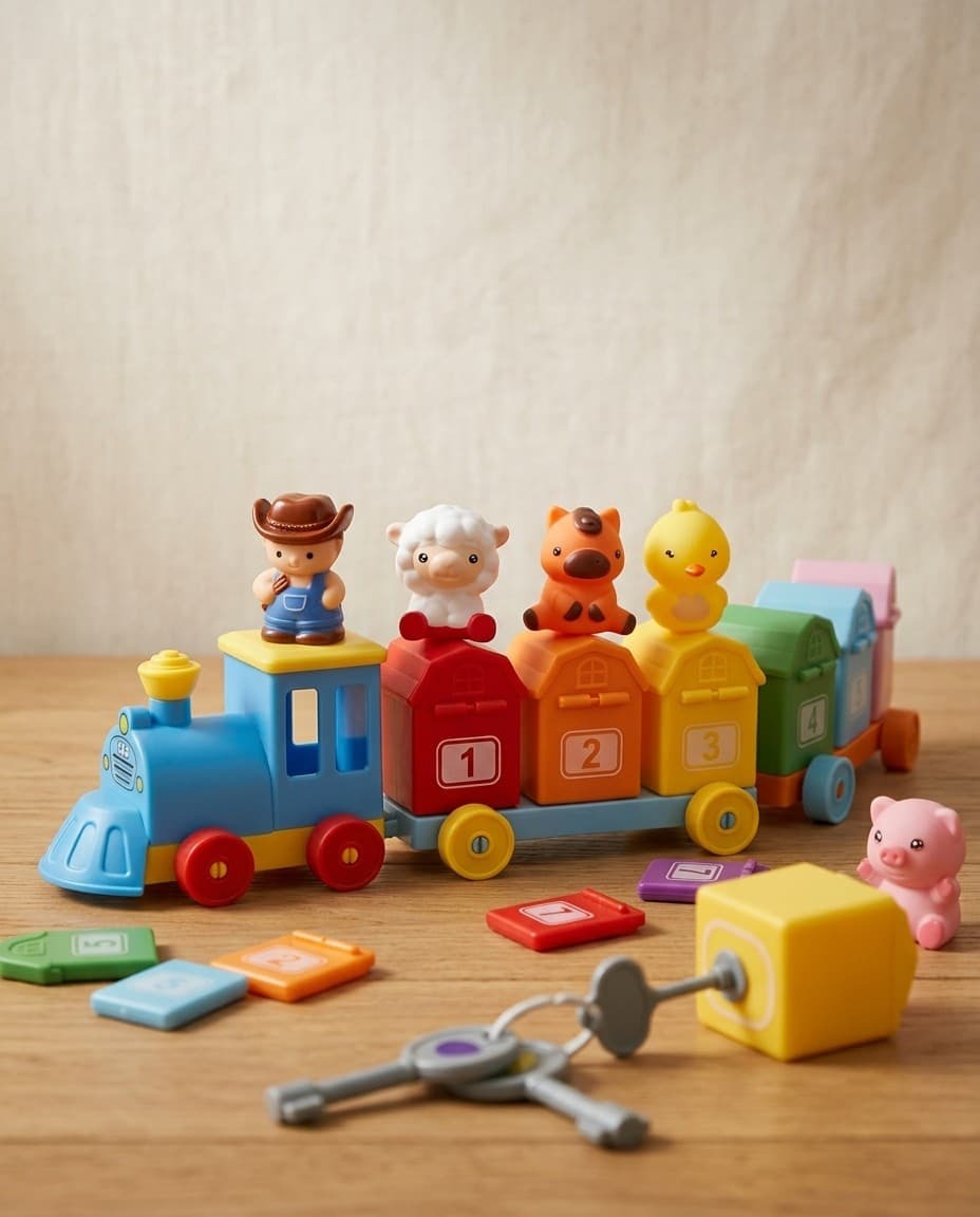 The train and figures arranged on a wooden surface